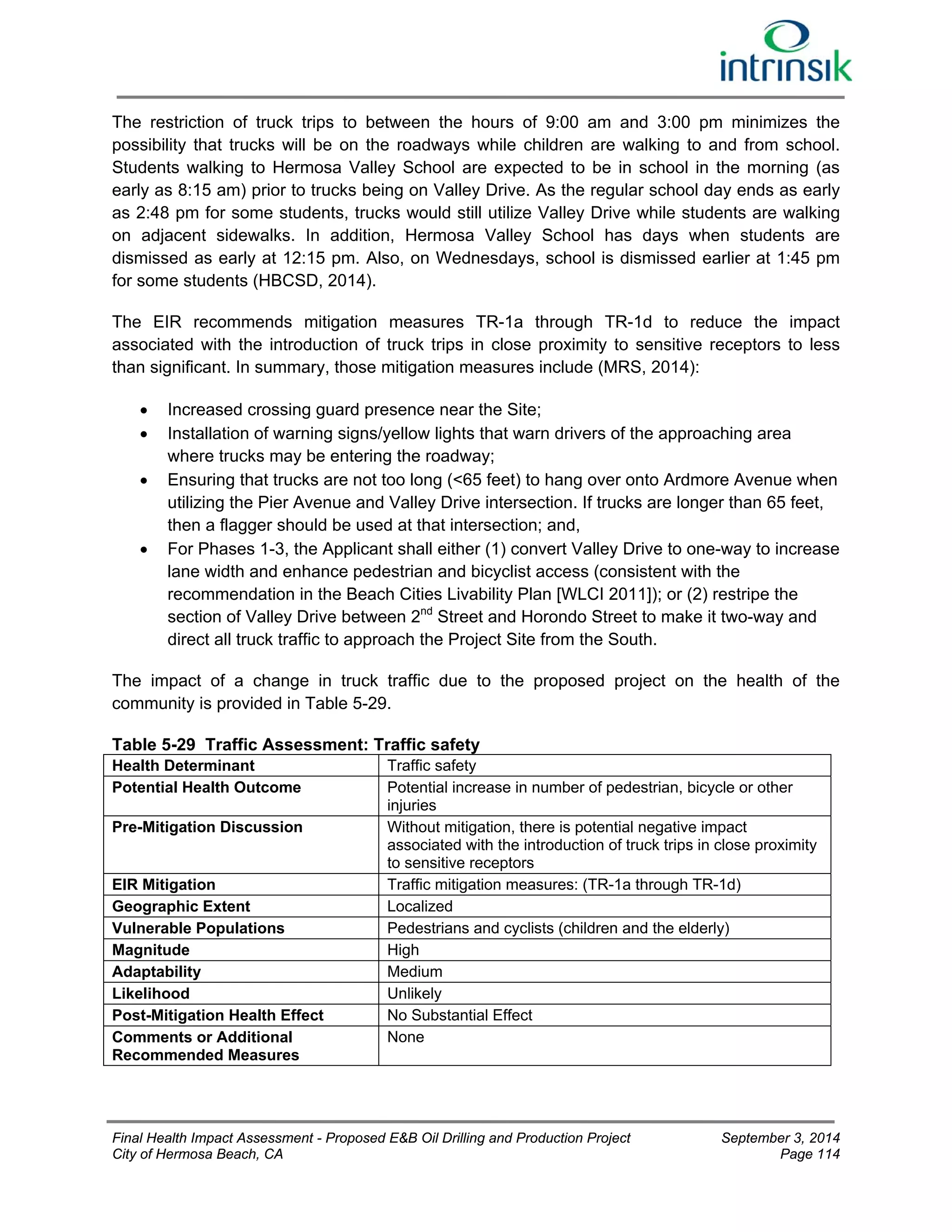 The restriction of truck trips to between the hours of 9:00 am and 3:00 pm minimizes the 
possibility that trucks will be on the roadways while children are walking to and from school. 
Students walking to Hermosa Valley School are expected to be in school in the morning (as 
early as 8:15 am) prior to trucks being on Valley Drive. As the regular school day ends as early 
as 2:48 pm for some students, trucks would still utilize Valley Drive while students are walking 
on adjacent sidewalks. In addition, Hermosa Valley School has days when students are 
dismissed as early at 12:15 pm. Also, on Wednesdays, school is dismissed earlier at 1:45 pm 
for some students (HBCSD, 2014). 
The EIR recommends mitigation measures TR-1a through TR-1d to reduce the impact 
associated with the introduction of truck trips in close proximity to sensitive receptors to less 
than significant. In summary, those mitigation measures include (MRS, 2014): 
 Increased crossing guard presence near the Site; 
 Installation of warning signs/yellow lights that warn drivers of the approaching area 
where trucks may be entering the roadway; 
 Ensuring that trucks are not too long (<65 feet) to hang over onto Ardmore Avenue when 
utilizing the Pier Avenue and Valley Drive intersection. If trucks are longer than 65 feet, 
then a flagger should be used at that intersection; and, 
 For Phases 1-3, the Applicant shall either (1) convert Valley Drive to one-way to increase 
lane width and enhance pedestrian and bicyclist access (consistent with the 
recommendation in the Beach Cities Livability Plan [WLCI 2011]); or (2) restripe the 
section of Valley Drive between 2nd Street and Horondo Street to make it two-way and 
direct all truck traffic to approach the Project Site from the South. 
The impact of a change in truck traffic due to the proposed project on the health of the 
community is provided in Table 5-29. 
Table 5-29 Traffic Assessment: Traffic safety 
Health Determinant Traffic safety 
Potential Health Outcome Potential increase in number of pedestrian, bicycle or other 
injuries 
Pre-Mitigation Discussion Without mitigation, there is potential negative impact 
associated with the introduction of truck trips in close proximity 
to sensitive receptors 
EIR Mitigation Traffic mitigation measures: (TR-1a through TR-1d) 
Geographic Extent Localized 
Vulnerable Populations Pedestrians and cyclists (children and the elderly) 
Magnitude High 
Adaptability Medium 
Likelihood Unlikely 
Post-Mitigation Health Effect No Substantial Effect 
Comments or Additional 
None 
Recommended Measures 
Final Health Impact Assessment - Proposed E&B Oil Drilling and Production Project September 3, 2014 
City of Hermosa Beach, CA Page 114 
 
