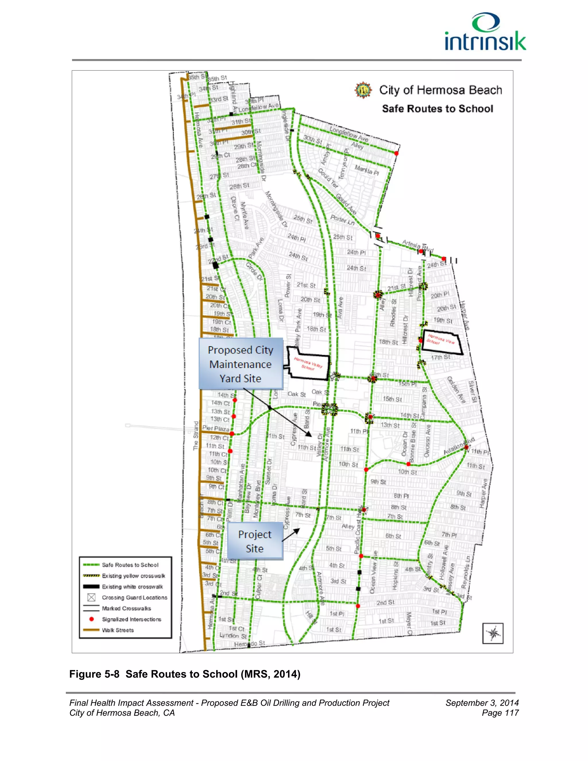 Figure 5-8 Safe Routes to School (MRS, 2014) 
Final Health Impact Assessment - Proposed E&B Oil Drilling and Production Project September 3, 2014 
City of Hermosa Beach, CA Page 117 
 