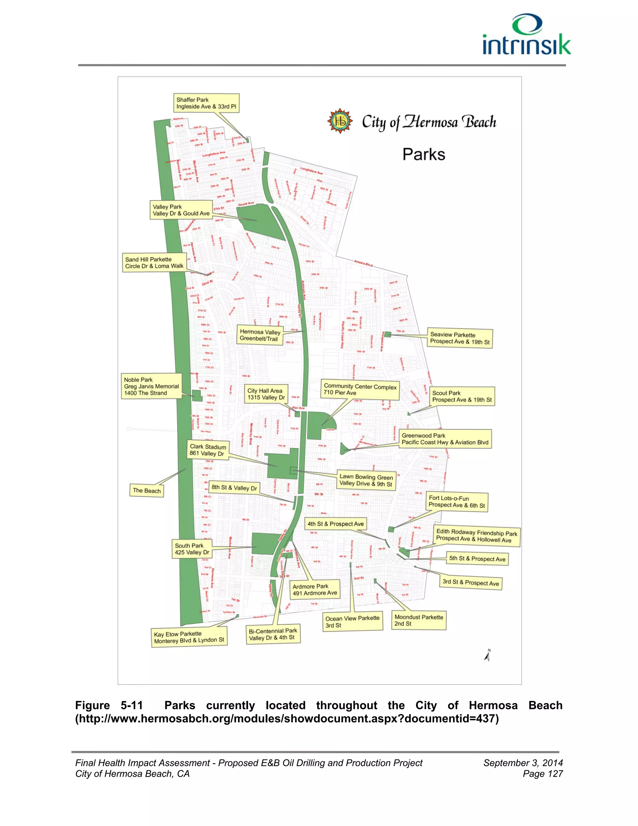 Figure 5-11 Parks currently located throughout the City of Hermosa Beach 
(http://www.hermosabch.org/modules/showdocument.aspx?documentid=437) 
Final Health Impact Assessment - Proposed E&B Oil Drilling and Production Project September 3, 2014 
City of Hermosa Beach, CA Page 127 
 