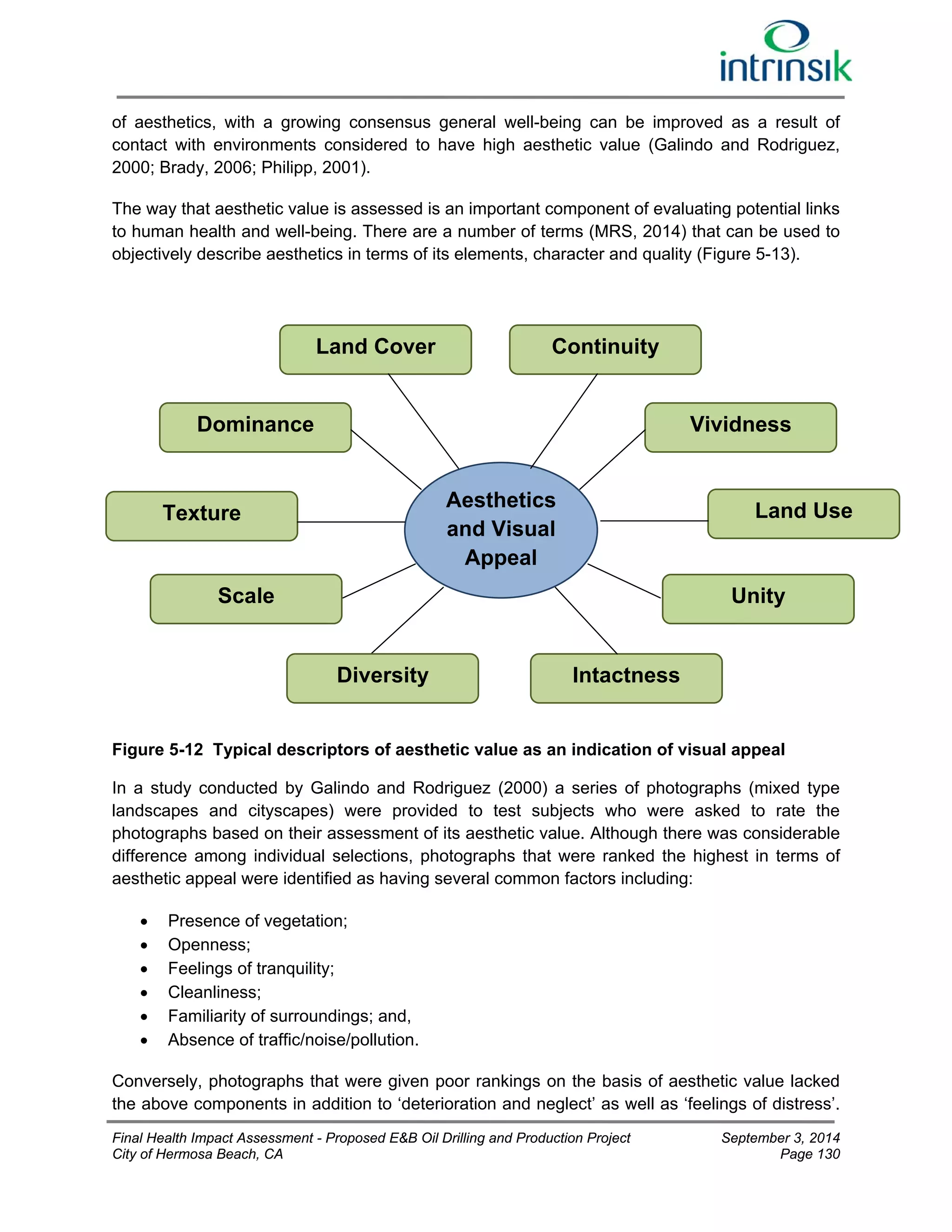 of aesthetics, with a growing consensus general well-being can be improved as a result of 
contact with environments considered to have high aesthetic value (Galindo and Rodriguez, 
2000; Brady, 2006; Philipp, 2001). 
The way that aesthetic value is assessed is an important component of evaluating potential links 
to human health and well-being. There are a number of terms (MRS, 2014) that can be used to 
objectively describe aesthetics in terms of its elements, character and quality (Figure 5-13). 
Continuity 
Aesthetics 
and Visual 
Appeal 
Land Cover 
Dominance 
Texture 
Scale 
Diversity Intactness 
Vividness 
Land Use 
Unity 
Figure 5-12 Typical descriptors of aesthetic value as an indication of visual appeal 
In a study conducted by Galindo and Rodriguez (2000) a series of photographs (mixed type 
landscapes and cityscapes) were provided to test subjects who were asked to rate the 
photographs based on their assessment of its aesthetic value. Although there was considerable 
difference among individual selections, photographs that were ranked the highest in terms of 
aesthetic appeal were identified as having several common factors including: 
 Presence of vegetation; 
 Openness; 
 Feelings of tranquility; 
 Cleanliness; 
 Familiarity of surroundings; and, 
 Absence of traffic/noise/pollution. 
Conversely, photographs that were given poor rankings on the basis of aesthetic value lacked 
the above components in addition to ‘deterioration and neglect’ as well as ‘feelings of distress’. 
Final Health Impact Assessment - Proposed E&B Oil Drilling and Production Project September 3, 2014 
City of Hermosa Beach, CA Page 130 
 