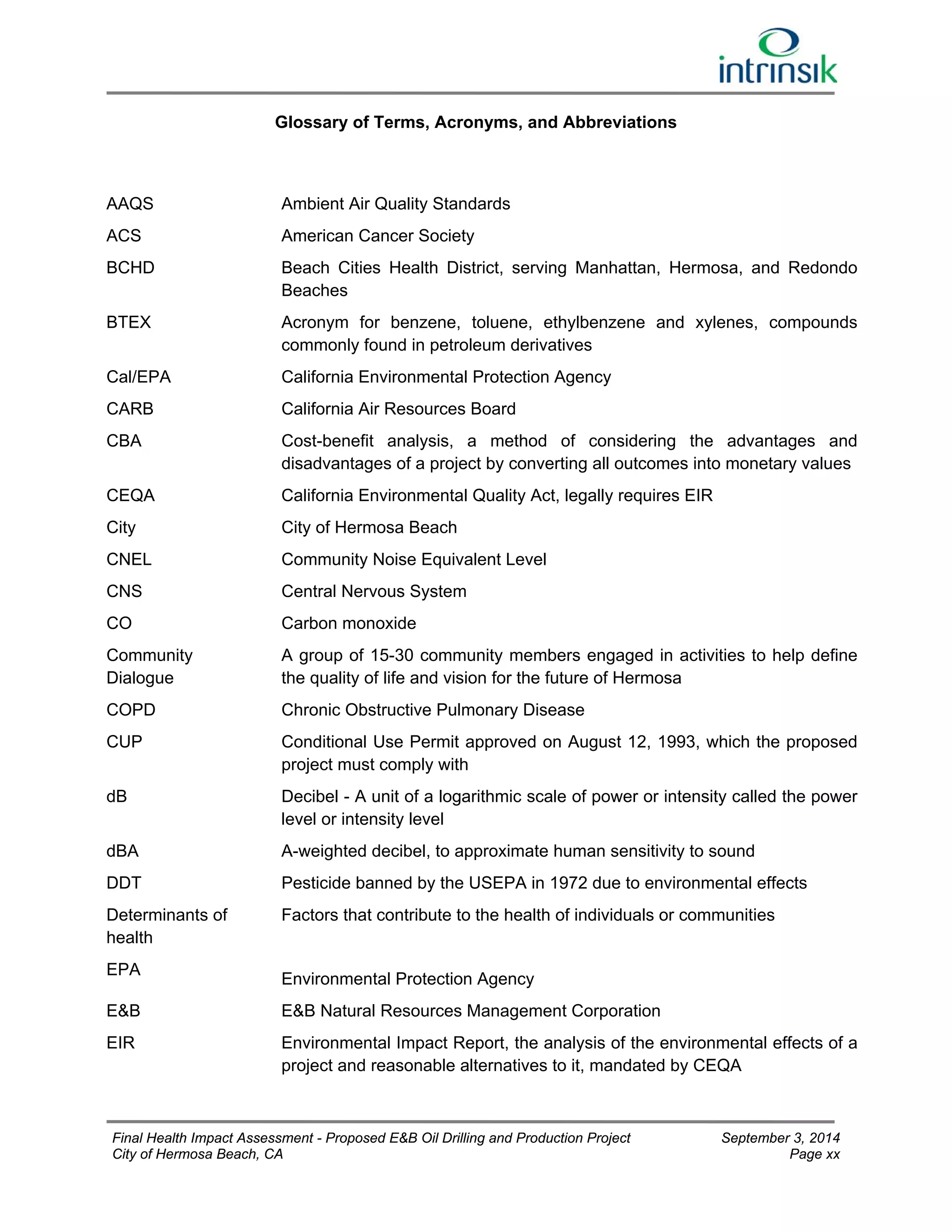 Glossary of Terms, Acronyms, and Abbreviations 
AAQS 
ACS 
Ambient Air Quality Standards 
American Cancer Society 
BCHD Beach Cities Health District, serving Manhattan, Hermosa, and Redondo 
Beaches 
BTEX Acronym for benzene, toluene, ethylbenzene and xylenes, compounds 
commonly found in petroleum derivatives 
Cal/EPA 
CARB 
California Environmental Protection Agency 
California Air Resources Board 
CBA Cost-benefit analysis, a method of considering the advantages and 
disadvantages of a project by converting all outcomes into monetary values 
CEQA California Environmental Quality Act, legally requires EIR 
City 
CNEL 
CNS 
CO 
City of Hermosa Beach 
Community Noise Equivalent Level 
Central Nervous System 
Carbon monoxide 
Community 
Dialogue 
COPD 
A group of 15-30 community members engaged in activities to help define 
the quality of life and vision for the future of Hermosa 
Chronic Obstructive Pulmonary Disease 
CUP Conditional Use Permit approved on August 12, 1993, which the proposed 
project must comply with 
dB Decibel - A unit of a logarithmic scale of power or intensity called the power 
level or intensity level 
dBA A-weighted decibel, to approximate human sensitivity to sound 
DDT Pesticide banned by the USEPA in 1972 due to environmental effects 
Determinants of 
Factors that contribute to the health of individuals or communities 
health 
EPA 
Environmental Protection Agency 
E&B E&B Natural Resources Management Corporation 
EIR Environmental Impact Report, the analysis of the environmental effects of a 
project and reasonable alternatives to it, mandated by CEQA 
Final Health Impact Assessment - Proposed E&B Oil Drilling and Production Project September 3, 2014 
City of Hermosa Beach, CA Page xx 
 