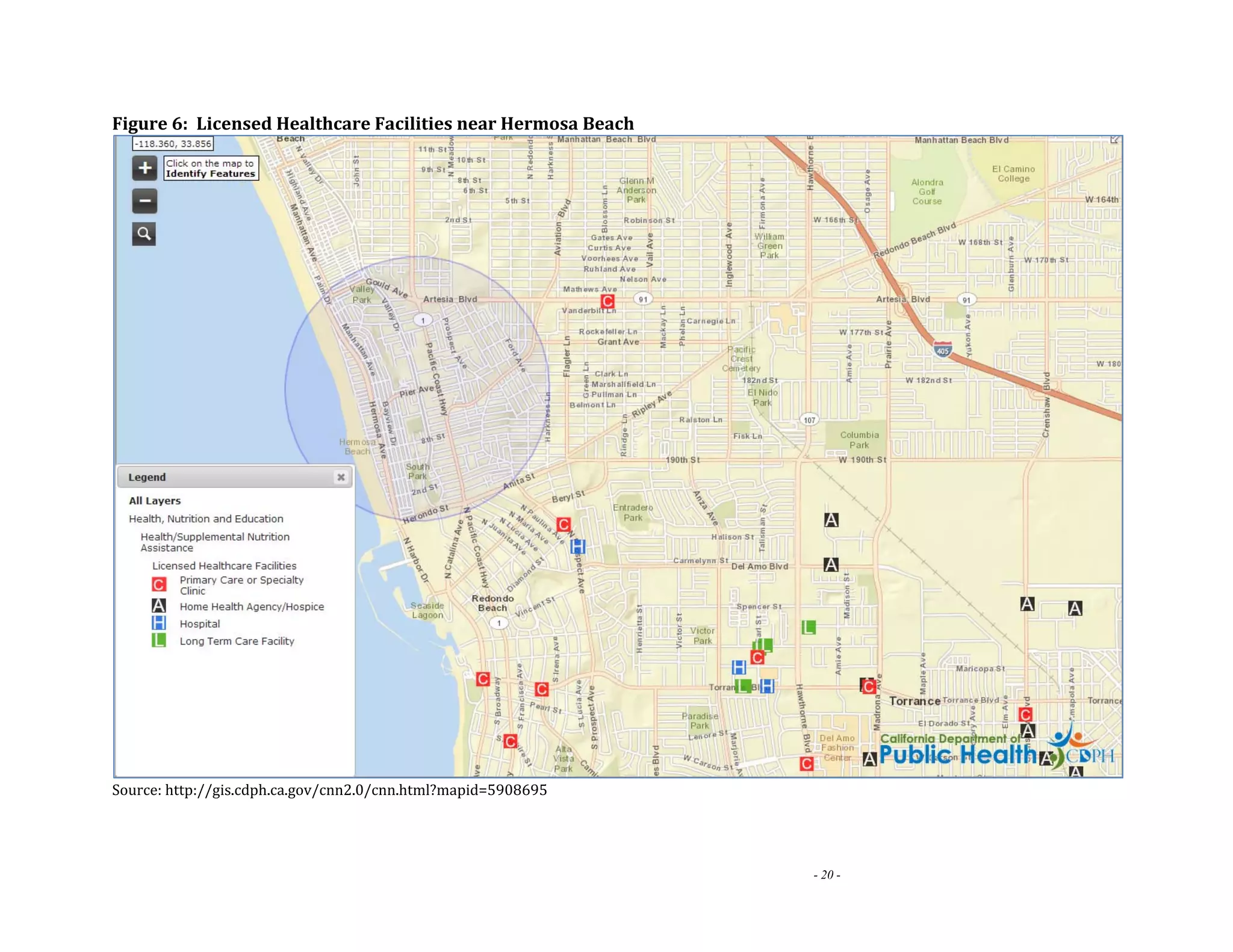 - 20 - 
Figure 6: Licensed Healthcare Facilities near Hermosa Beach 
Source: http://gis.cdph.ca.gov/cnn2.0/cnn.html?mapid=5908695 
 