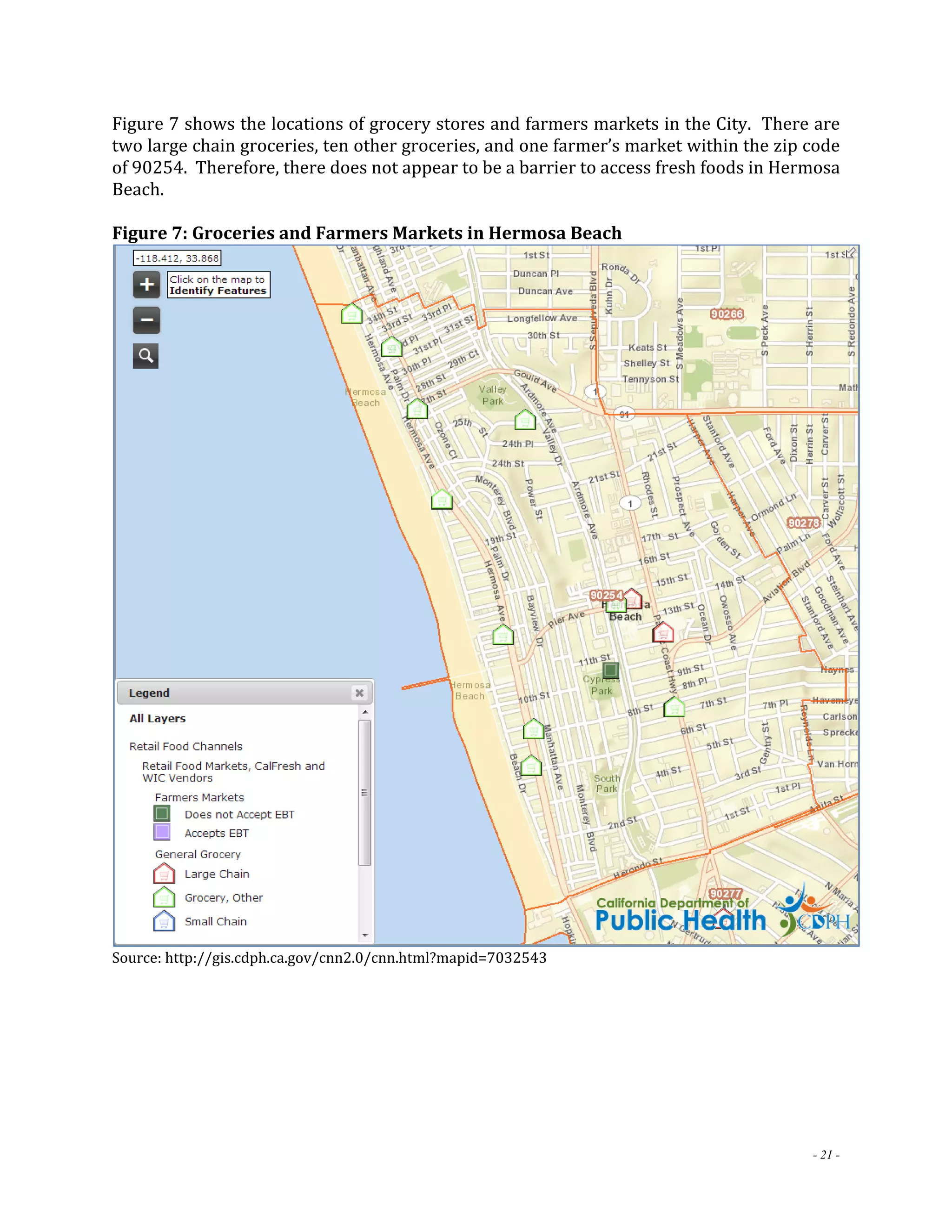 Figure 7 shows the locations of grocery stores and farmers markets in the City. There are 
two large chain groceries, ten other groceries, and one farmer’s market within the zip code 
of 90254. Therefore, there does not appear to be a barrier to access fresh foods in Hermosa 
Beach. 
Figure 7: Groceries and Farmers Markets in Hermosa Beach 
- 21 - 
Source: http://gis.cdph.ca.gov/cnn2.0/cnn.html?mapid=7032543 
 