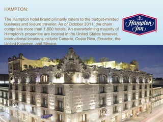 HAMPTON:
The Hampton hotel brand primarily caters to the budget-minded
business and leisure traveler. As of October 2011, the chain
comprises more than 1,800 hotels. An overwhelming majority of
Hampton's properties are located in the United States however,
international locations include Canada, Costa Rica, Ecuador, the
United Kingdom, and Mexico.
 