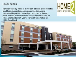 HOME2 SUITES:
Home2 Suites by Hilton is a mid-tier, all-suite extended-stay
hotel featuring contemporary accommodations and
customizable guest room design. Launched in January
2009, Home2 Suites is the first new brand introduced by
Hilton Worldwide in 20 years. Home2 Suites hotels are
100% franchised.
 