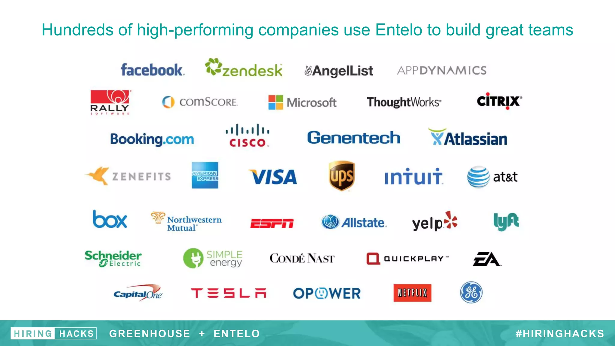 Hundreds of high-performing companies use Entelo to build great teams
#HIRINGHACKSGREENHOUSE + ENTELO
 