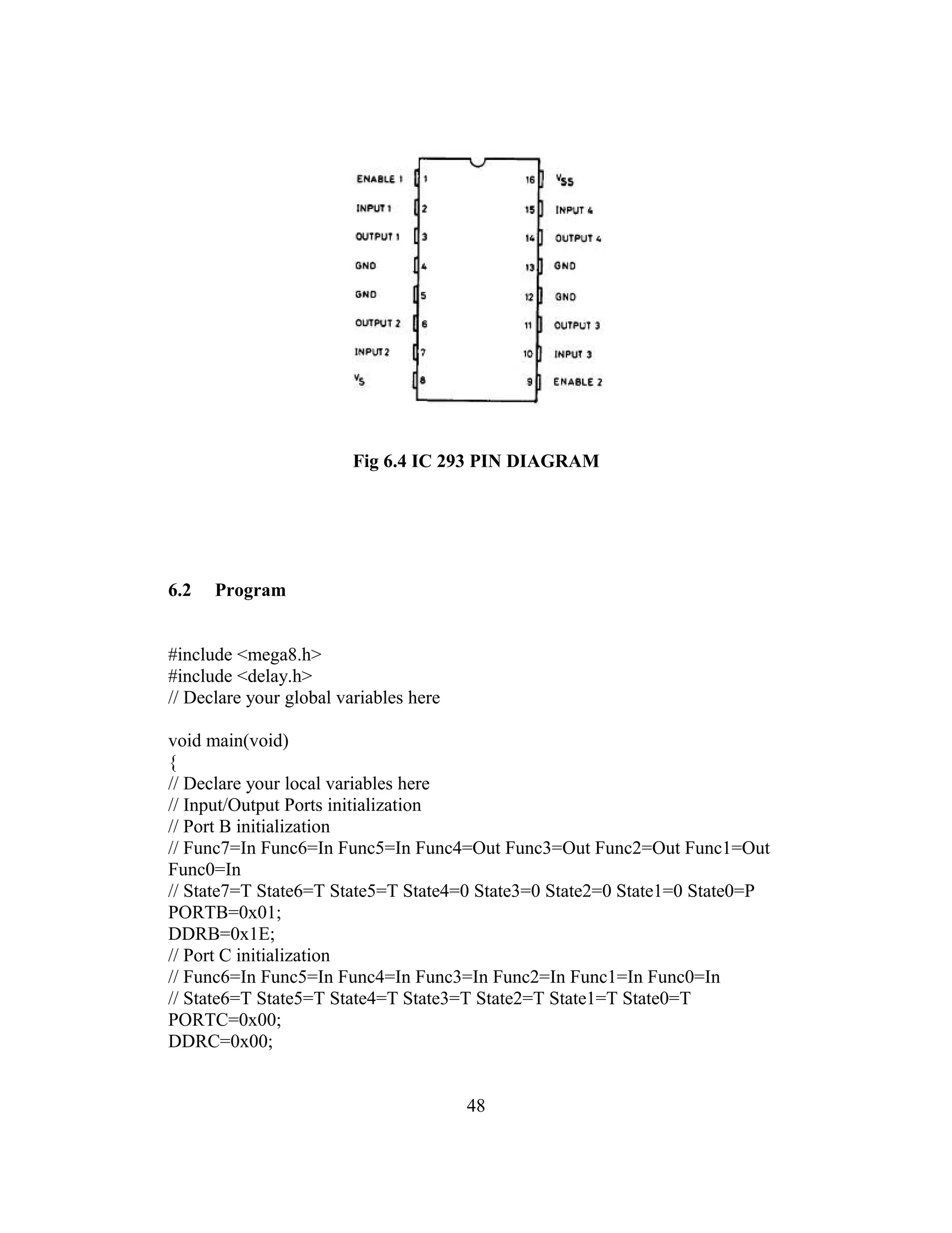 Fig 6.4 IC 293 PIN DIAGRAM




6.2   Program


#include <mega8.h>
#include <delay.h>
// Declare your global variables here

void main(void)
{
// Declare your local variables here
// Input/Output Ports initialization
// Port B initialization
// Func7=In Func6=In Func5=In Func4=Out Func3=Out Func2=Out Func1=Out
Func0=In
// State7=T State6=T State5=T State4=0 State3=0 State2=0 State1=0 State0=P
PORTB=0x01;
DDRB=0x1E;
// Port C initialization
// Func6=In Func5=In Func4=In Func3=In Func2=In Func1=In Func0=In
// State6=T State5=T State4=T State3=T State2=T State1=T State0=T
PORTC=0x00;
DDRC=0x00;


                                        48
 
