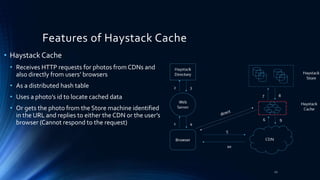 Features of Haystack Cache
• Haystack Cache
• Receives HTTP requests for photos from CDNs and
also directly from users’ browsers
• As a distributed hash table
• Uses a photo’s id to locate cached data
• Or gets the photo from the Store machine identified
in the URL and replies to either the CDN or the user’s
browser (Cannot respond to the request)
22
 