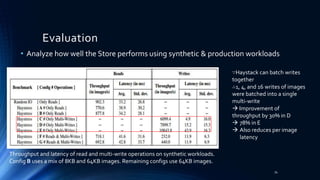 • Analyze how well the Store performs using synthetic & production workloads
Evaluation
Throughput and latency of read and multi-write operations on synthetic workloads.
Config B uses a mix of 8KB and 64KB images. Remaining configs use 64KB images.
∵Haystack can batch writes
together
∴1, 4, and 16 writes of images
were batched into a single
multi-write
 Improvement of
throughput by 30% in D
 78% in E
 Also reduces per image
latency
34
 