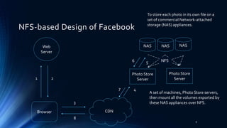 Web
Server
Browser CDN
NAS
1 2
7 4
3
8
NFS-based Design of Facebook
Photo Store
Server
NAS NAS
6 5
Photo Store
Server
To store each photo in its own file on a
set of commercial Network-attached
storage (NAS) appliances.
A set of machines, Photo Store servers,
then mount all the volumes exported by
these NAS appliances over NFS.
NFS
8
 