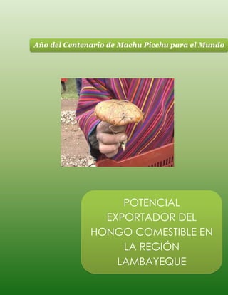 Año del Centenario de Machu Picchu para el Mundo




                   POTENCIAL
                EXPORTADOR DEL
              HONGO COMESTIBLE EN
                   LA REGIÓN
                  LAMBAYEQUE
 