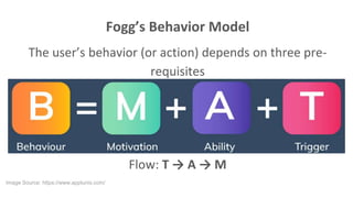 Fogg’s Behavior Model
The user’s behavior (or action) depends on three pre-
requisites
Flow: T → A → M
Image Source: https://www.apptunix.com/
 