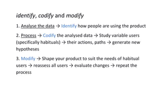 identify, codify and modify
1. Analyse the data → Identify how people are using the product
2. Process → Codify the analysed data → Study variable users
(specifically habituals) → their actions, paths → generate new
hypotheses
3. Modify → Shape your product to suit the needs of habitual
users → reassess all users → evaluate changes → repeat the
process
 