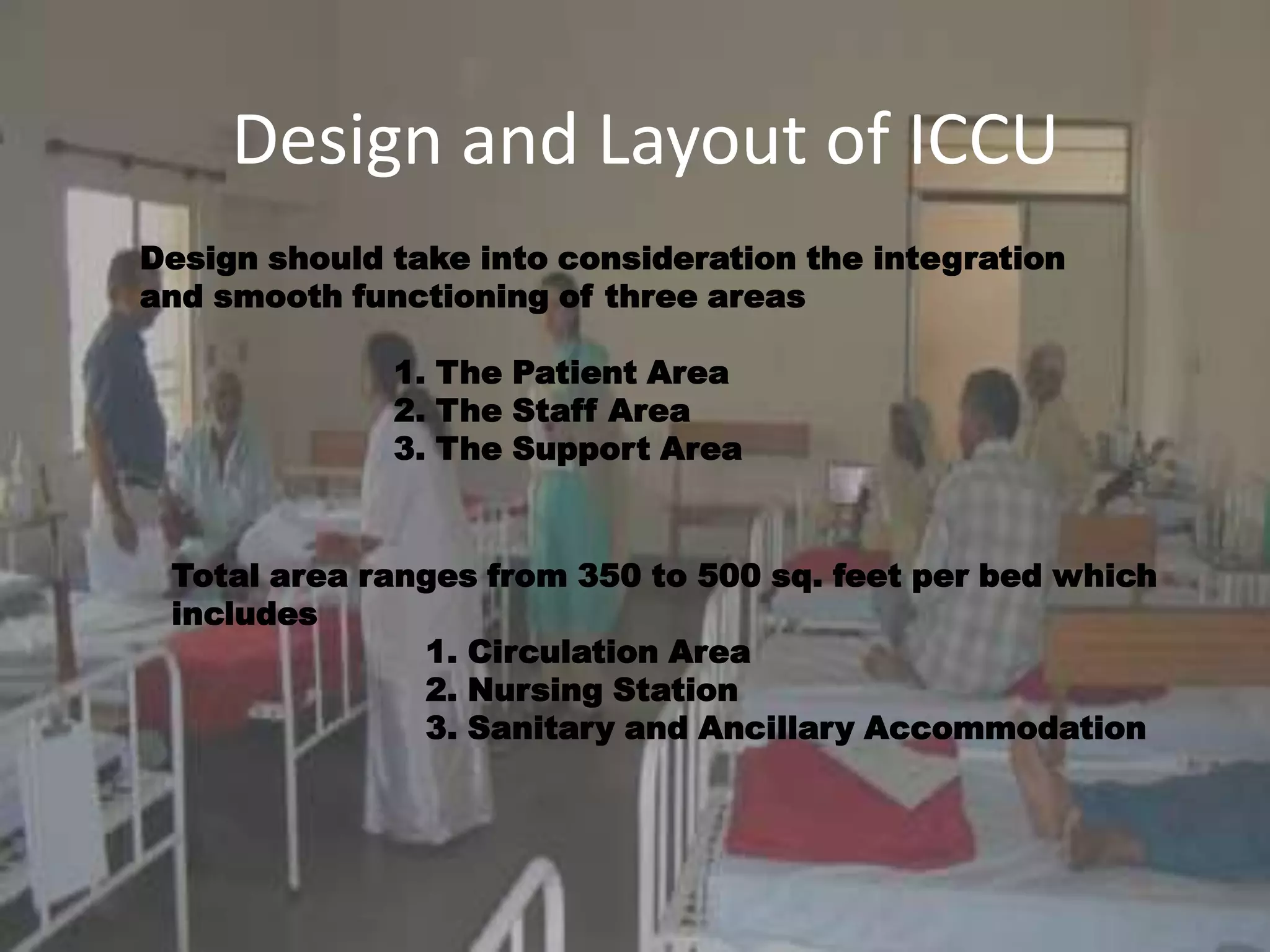 Design and Layout of ICCU
Design should take into consideration the integration
and smooth functioning of three areas

              1. The Patient Area
              2. The Staff Area
              3. The Support Area



 Total area ranges from 350 to 500 sq. feet per bed which
 includes
               1. Circulation Area
               2. Nursing Station
               3. Sanitary and Ancillary Accommodation
 