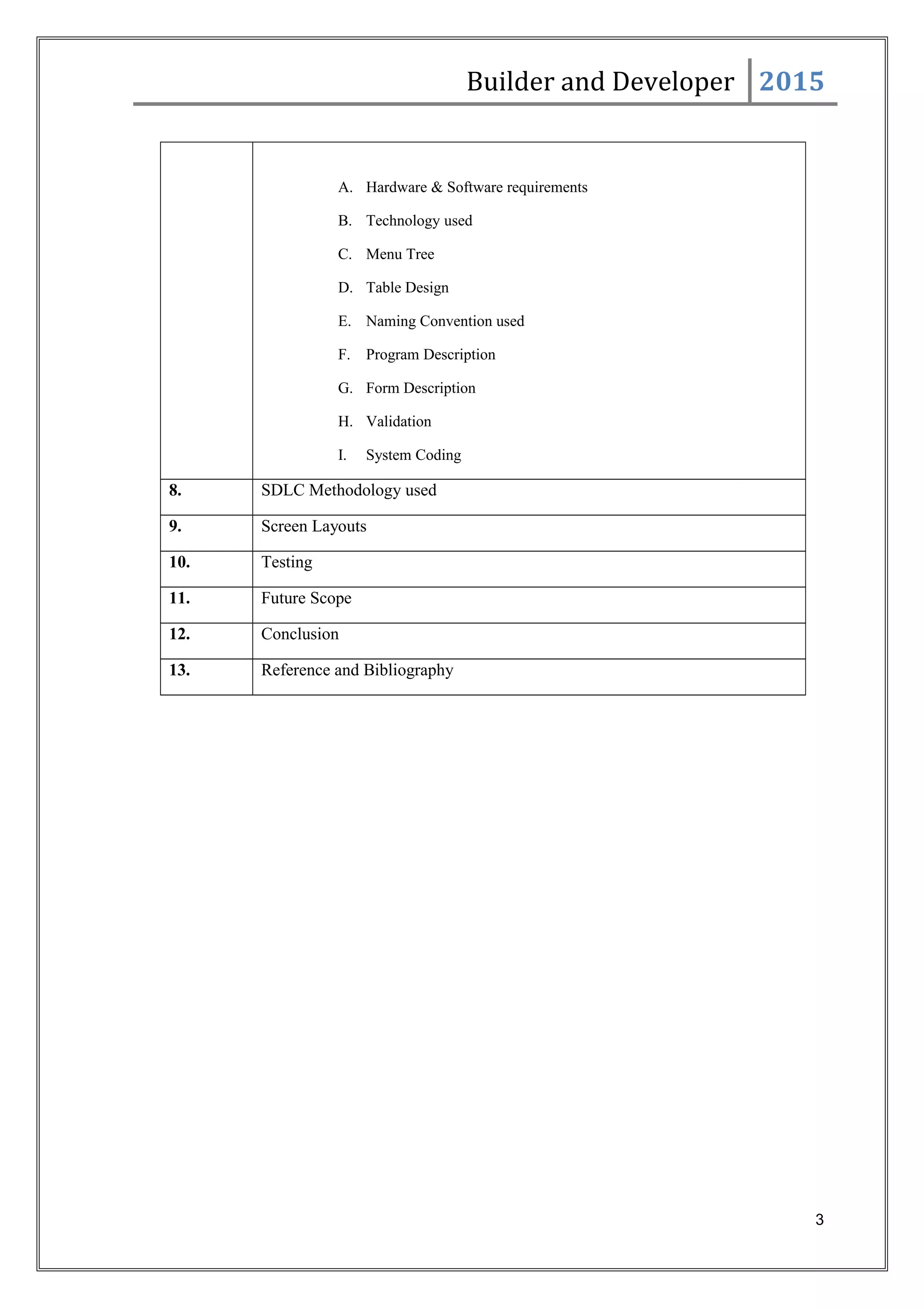 Builder and Developer 2015
A. Hardware & Software requirements
B. Technology used
C. Menu Tree
D. Table Design
E. Naming Convention used
F. Program Description
G. Form Description
H. Validation
I. System Coding
8. SDLC Methodology used
9. Screen Layouts
10. Testing
11. Future Scope
12. Conclusion
13. Reference and Bibliography
3
 