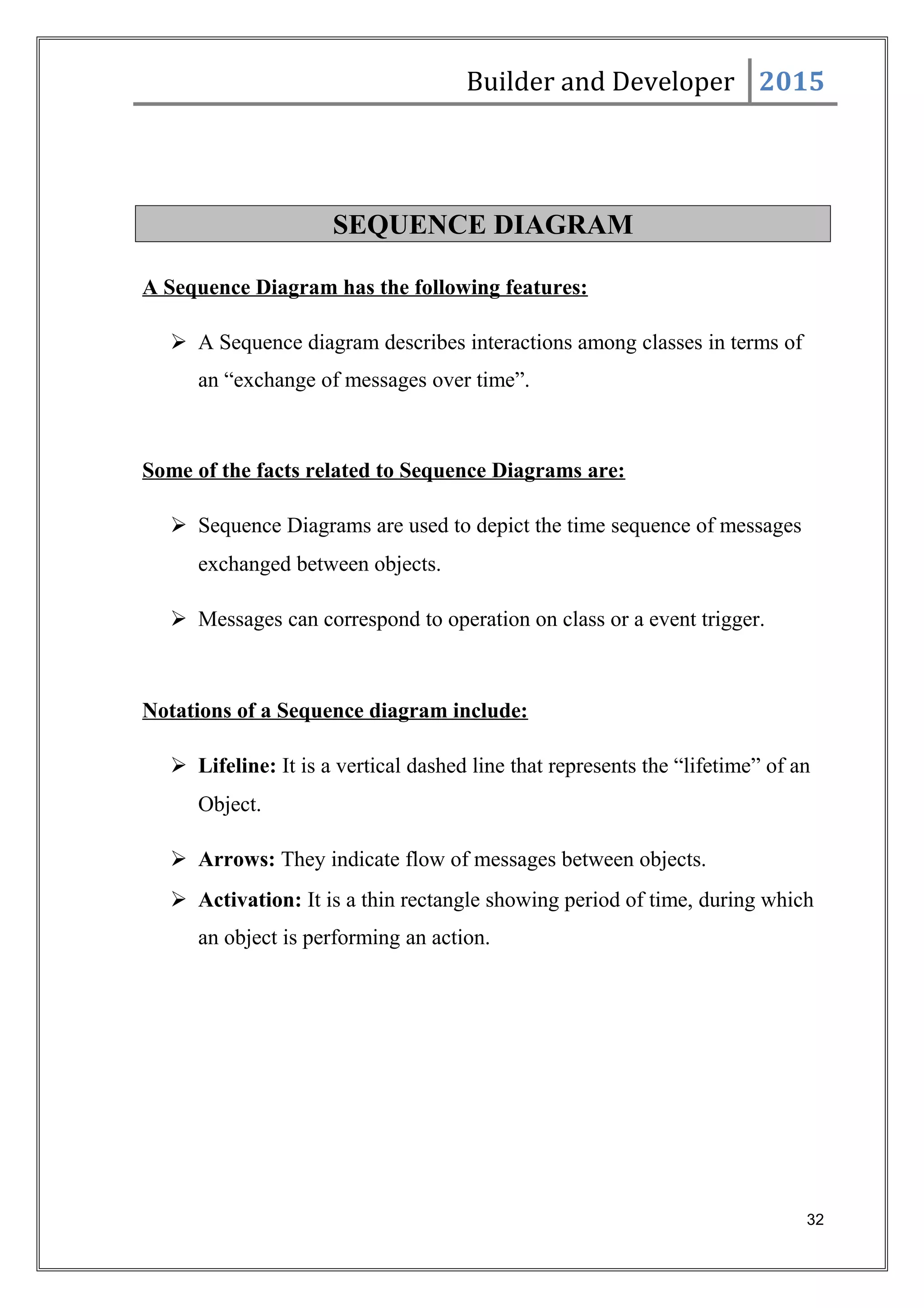 Builder and Developer 2015
SEQUENCE DIAGRAM
A Sequence Diagram has the following features:
 A Sequence diagram describes interactions among classes in terms of
an “exchange of messages over time”.
Some of the facts related to Sequence Diagrams are:
 Sequence Diagrams are used to depict the time sequence of messages
exchanged between objects.
 Messages can correspond to operation on class or a event trigger.
Notations of a Sequence diagram include:
 Lifeline: It is a vertical dashed line that represents the “lifetime” of an
Object.
 Arrows: They indicate flow of messages between objects.
 Activation: It is a thin rectangle showing period of time, during which
an object is performing an action.
32
 