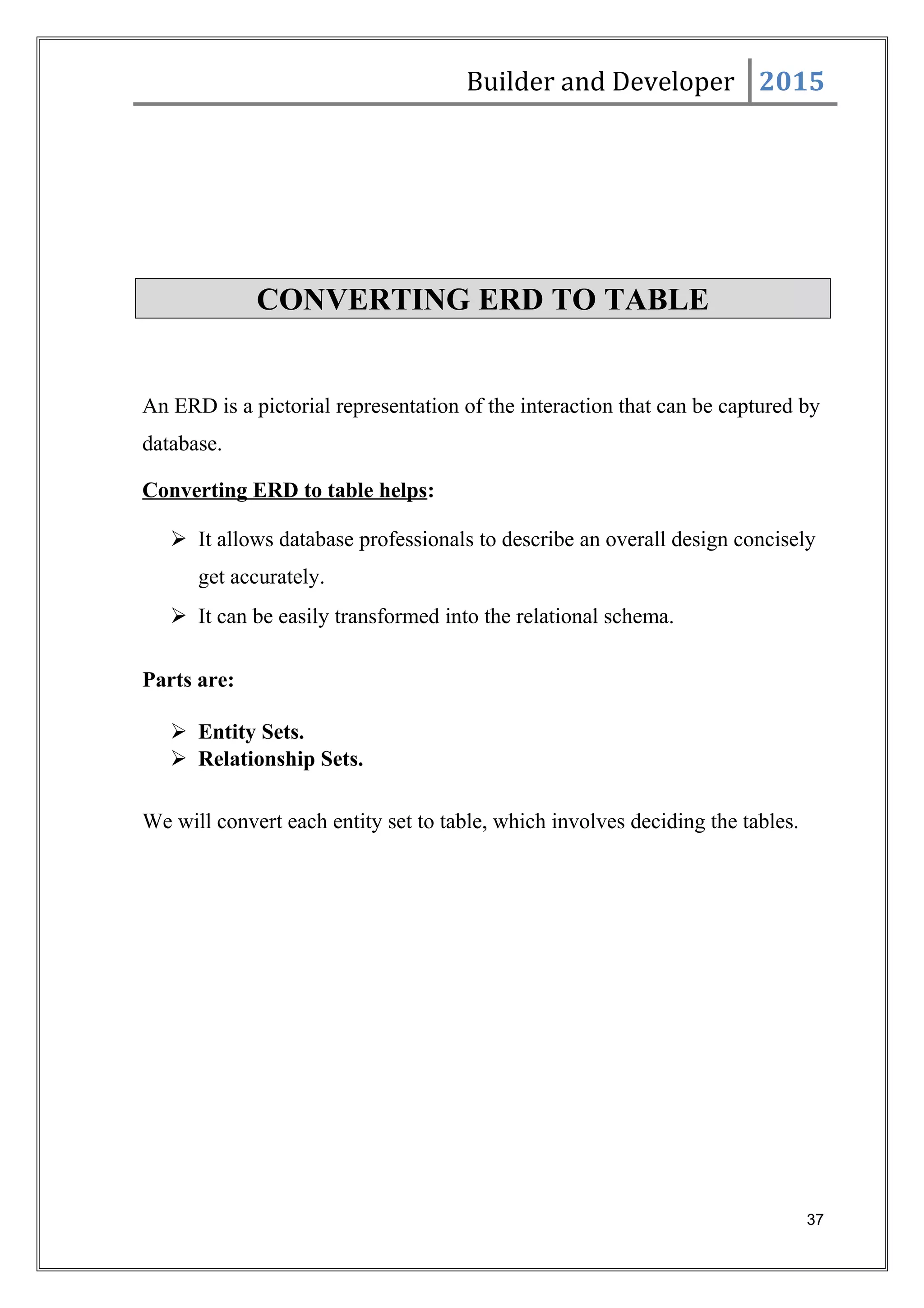 Builder and Developer 2015
CONVERTING ERD TO TABLE
An ERD is a pictorial representation of the interaction that can be captured by
database.
Converting ERD to table helps:
 It allows database professionals to describe an overall design concisely
get accurately.
 It can be easily transformed into the relational schema.
Parts are:
 Entity Sets.
 Relationship Sets.
We will convert each entity set to table, which involves deciding the tables.
37
 