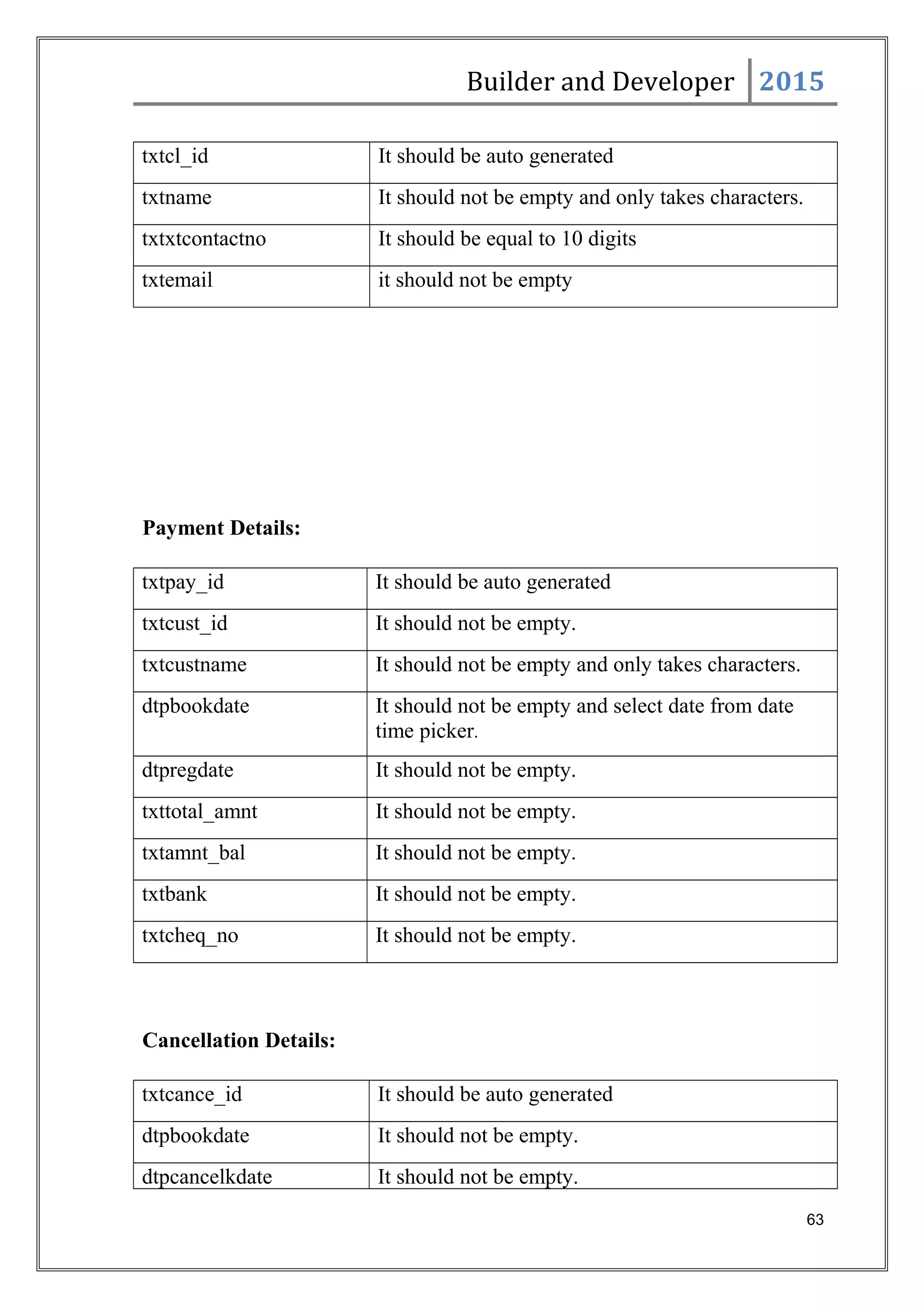 Builder and Developer 2015
txtcl_id It should be auto generated
txtname It should not be empty and only takes characters.
txtxtcontactno It should be equal to 10 digits
txtemail it should not be empty
Payment Details:
txtpay_id It should be auto generated
txtcust_id It should not be empty.
txtcustname It should not be empty and only takes characters.
dtpbookdate It should not be empty and select date from date
time picker.
dtpregdate It should not be empty.
txttotal_amnt It should not be empty.
txtamnt_bal It should not be empty.
txtbank It should not be empty.
txtcheq_no It should not be empty.
Cancellation Details:
txtcance_id It should be auto generated
dtpbookdate It should not be empty.
dtpcancelkdate It should not be empty.
63
 