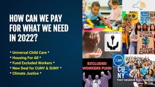 * Universal Child Care *
* Housing For All *
* Fund Excluded Workers *
* New Deal for CUNY & SUNY *
* Climate Justice *
HOW CAN WE PAY
FOR WHAT WE NEED
IN 2022?
 