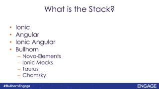 What is the Stack?
• Ionic
• Angular
• Ionic Angular
• Bullhorn
– Novo-Elements
– Ionic Mocks
– Taurus
– Chomsky
 