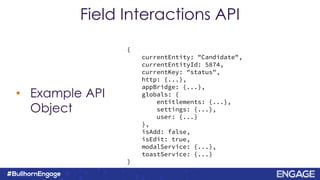 • Example API
Object
Field Interactions API
{
currentEntity: "Candidate",
currentEntityId: 5874,
currentKey: "status",
http: {...},
appBridge: {...},
globals: {
entitlements: {...},
settings: {...},
user: {...}
},
isAdd: false,
isEdit: true,
modalService: {...},
toastService: {...}
}
 