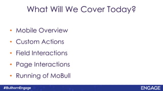 What Will We Cover Today?
• Mobile Overview
• Custom Actions
• Field Interactions
• Page Interactions
• Running of MoBull
 