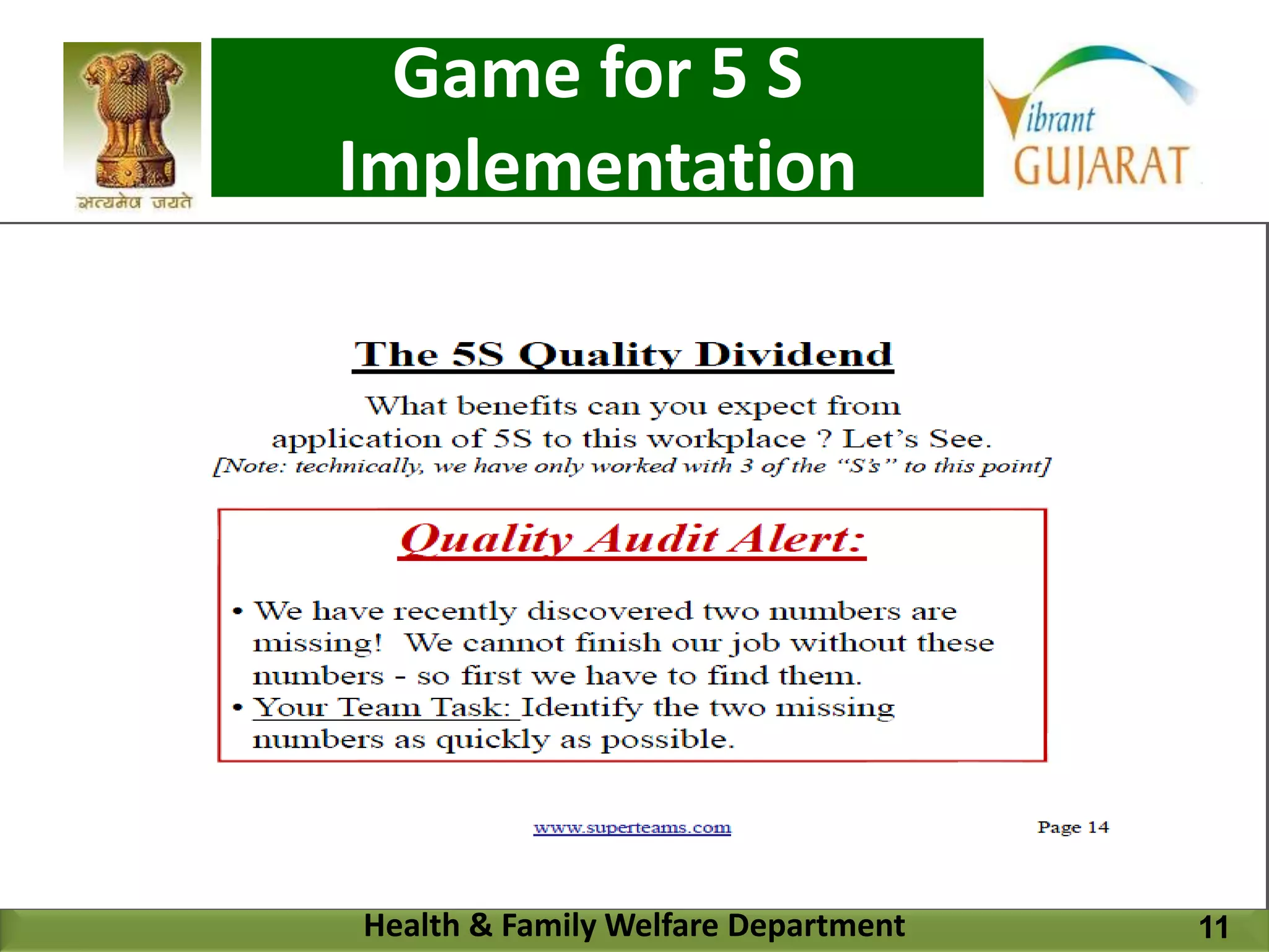 Health & Family Welfare Department
Game for 5 S
Implementation
11
 