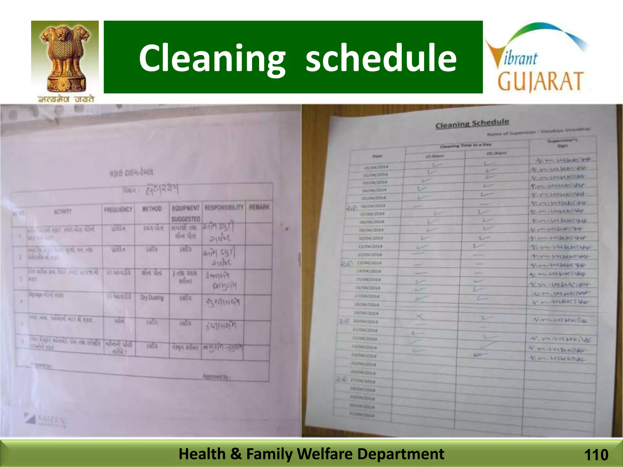 Cleaning schedule
Health & Family Welfare Department 110
 