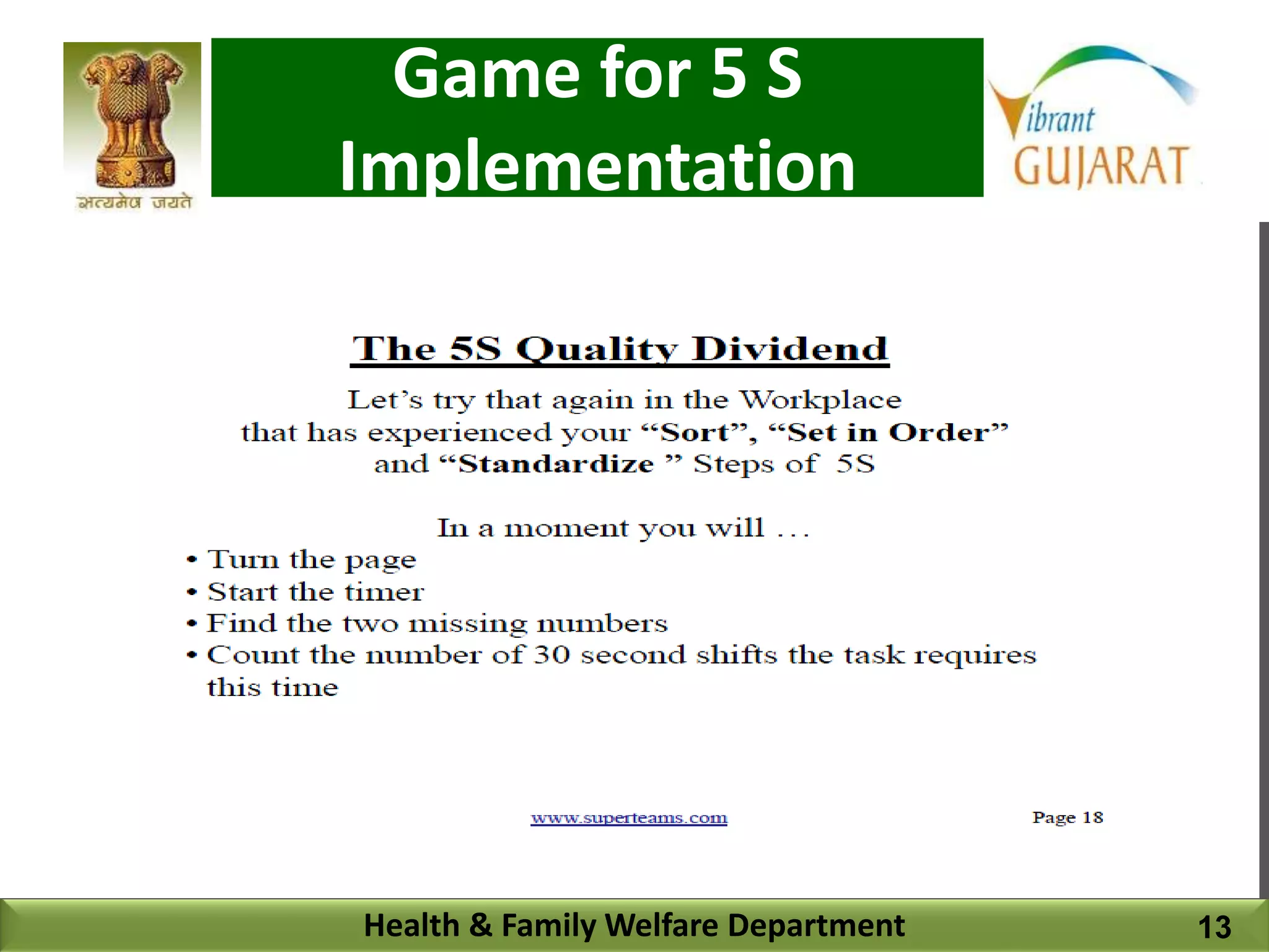 Health & Family Welfare Department
Game for 5 S
Implementation
13
 