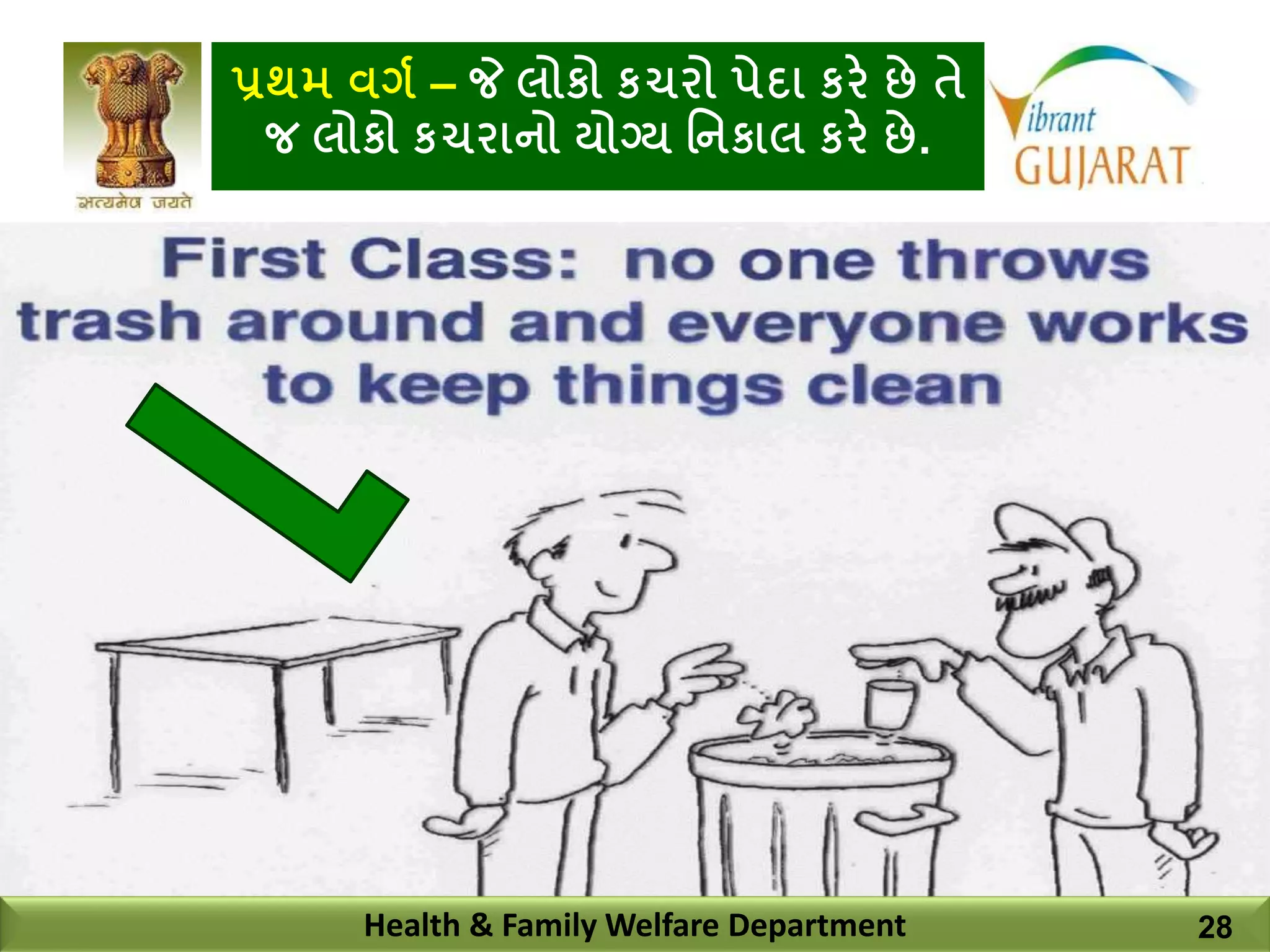 પ્રથમ વગય – જે લોકો કચરો પેદા કરે છે તે
જ લોકો કચરાનો યોગ્ય નનકાલ કરે છે.
Health & Family Welfare Department 28
 