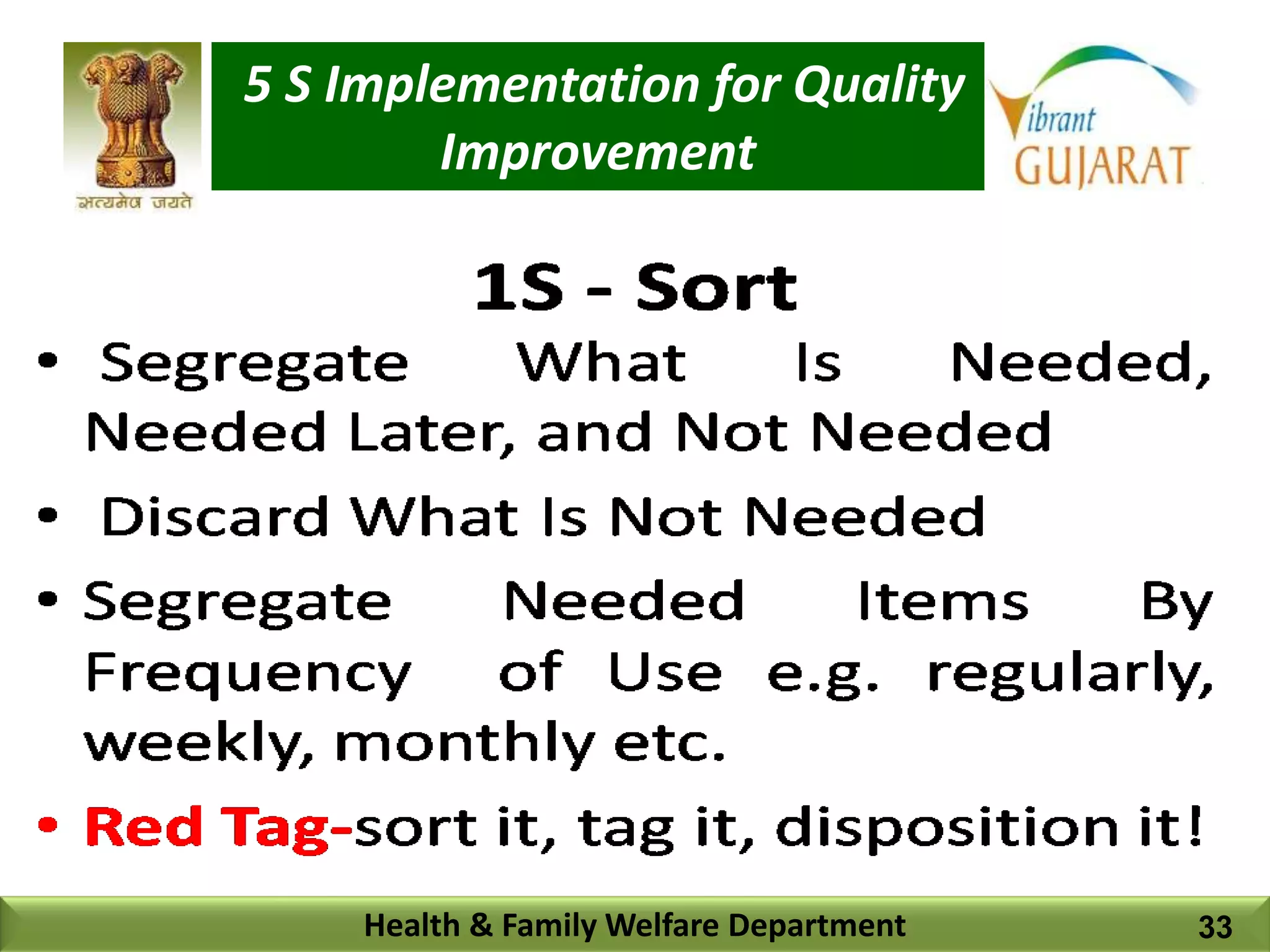 5 S Implementation for Quality
Improvement
Health & Family Welfare Department 33
 