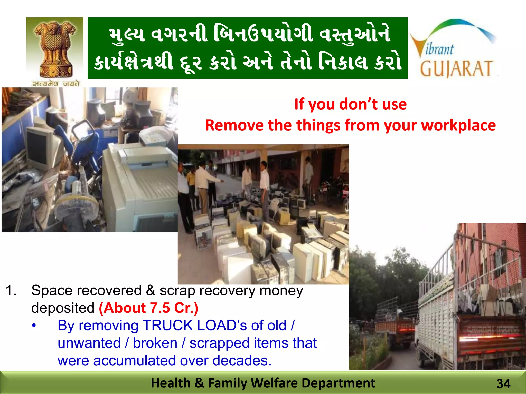 D]<I JUZGL lAGp5IMUL J:T]VMG[
SFI"1F[+YL N}Z SZM VG[ T[GM lGSF, SZM
Health & Family Welfare Department
If you don’t use
Remove the things from your workplace
1. Space recovered & scrap recovery money
deposited (About 7.5 Cr.)
• By removing TRUCK LOAD’s of old /
unwanted / broken / scrapped items that
were accumulated over decades.
34
 