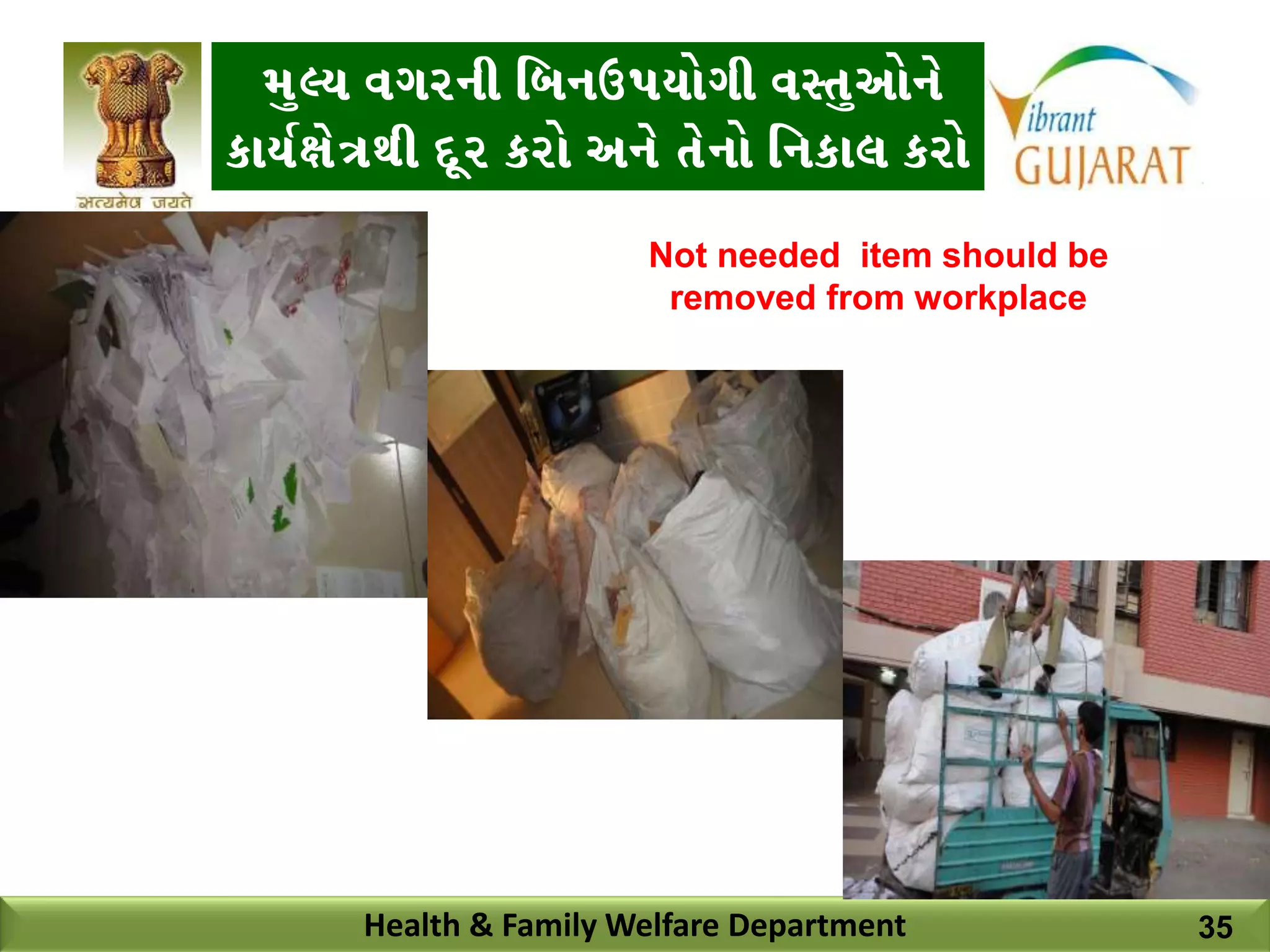 D]<I JUZGL lAGp5IMUL J:T]VMG[
SFI"1F[+YL N}Z SZM VG[ T[GM lGSF, SZM
Health & Family Welfare Department
Not needed item should be
removed from workplace
35
 