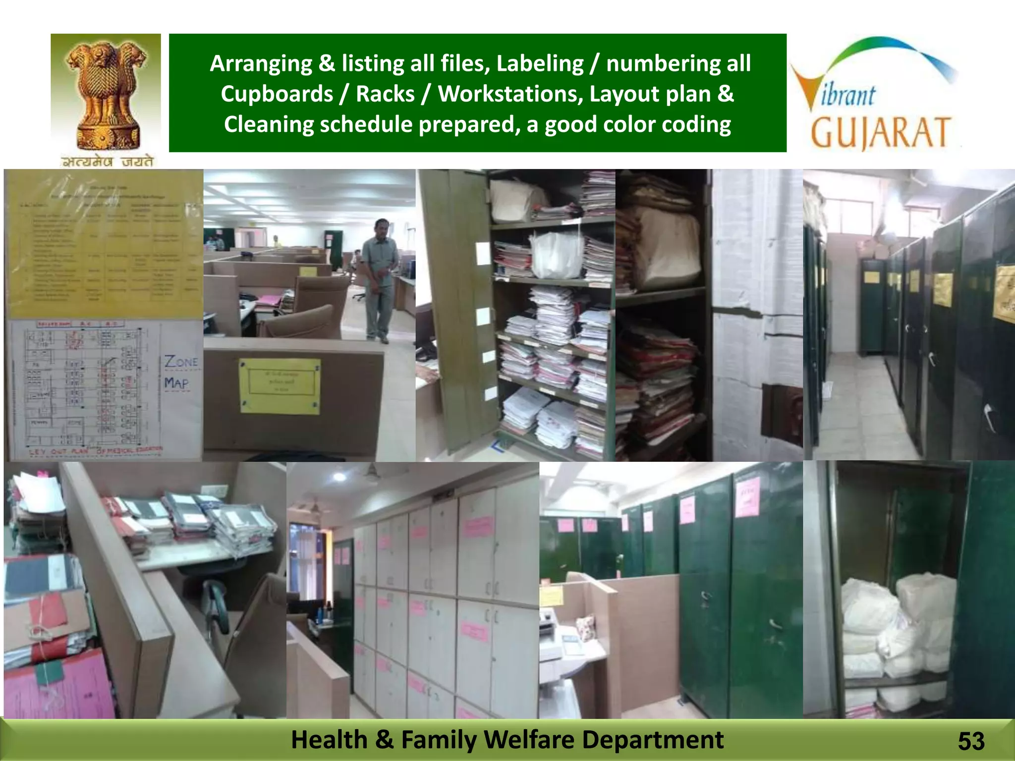 Arranging & listing all files, Labeling / numbering all
Cupboards / Racks / Workstations, Layout plan &
Cleaning schedule prepared, a good color coding
Health & Family Welfare Department 53
 