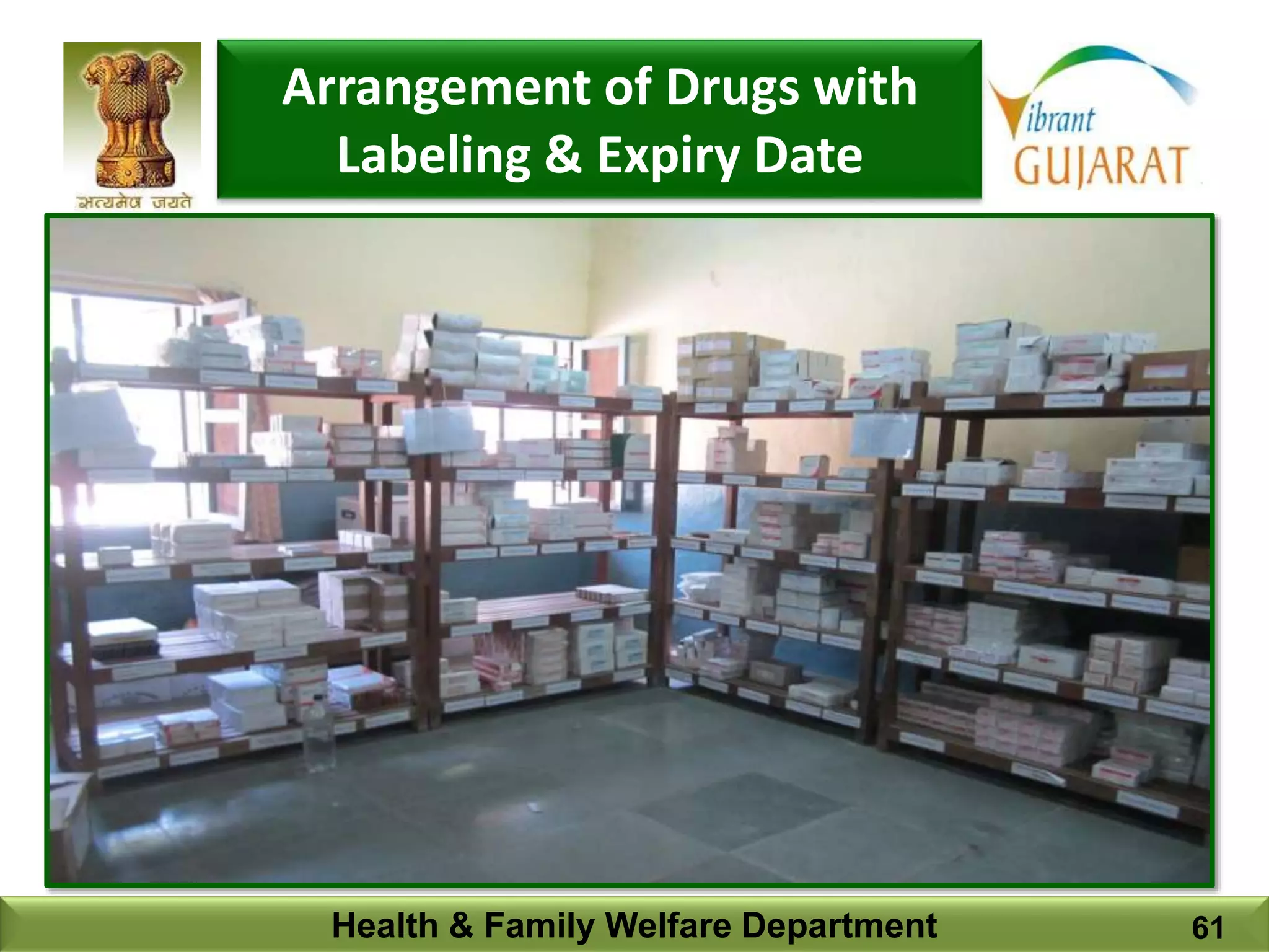 Health & Family Welfare Department 61
Arrangement of Drugs with
Labeling & Expiry Date
 