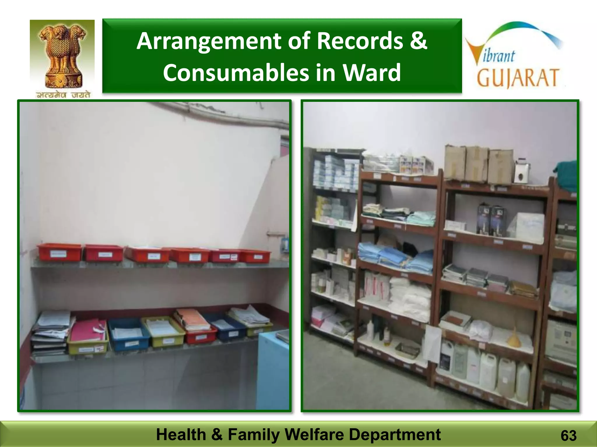 Health & Family Welfare Department 63
Arrangement of Records &
Consumables in Ward
 