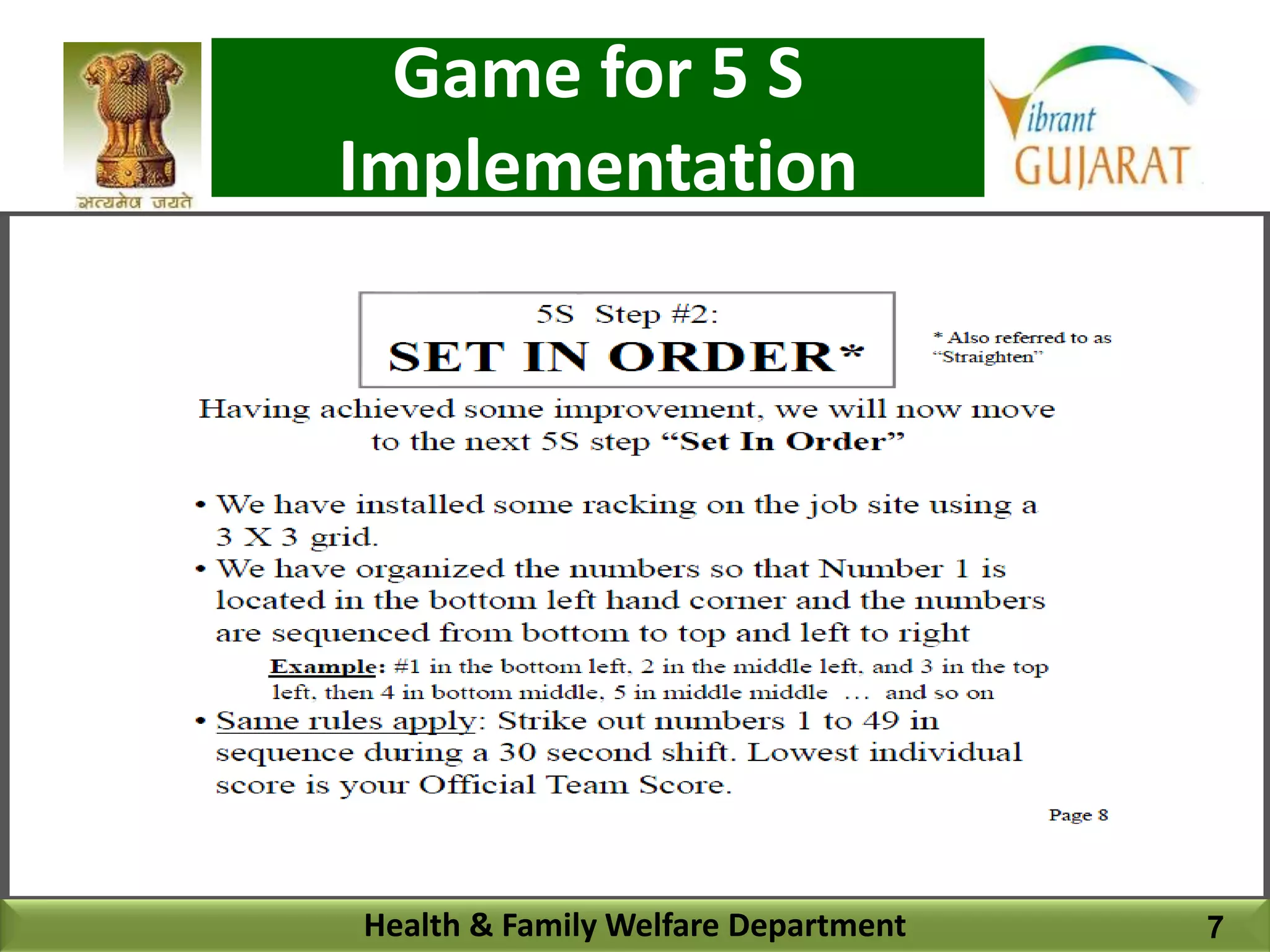 Health & Family Welfare Department
Game for 5 S
Implementation
7
 