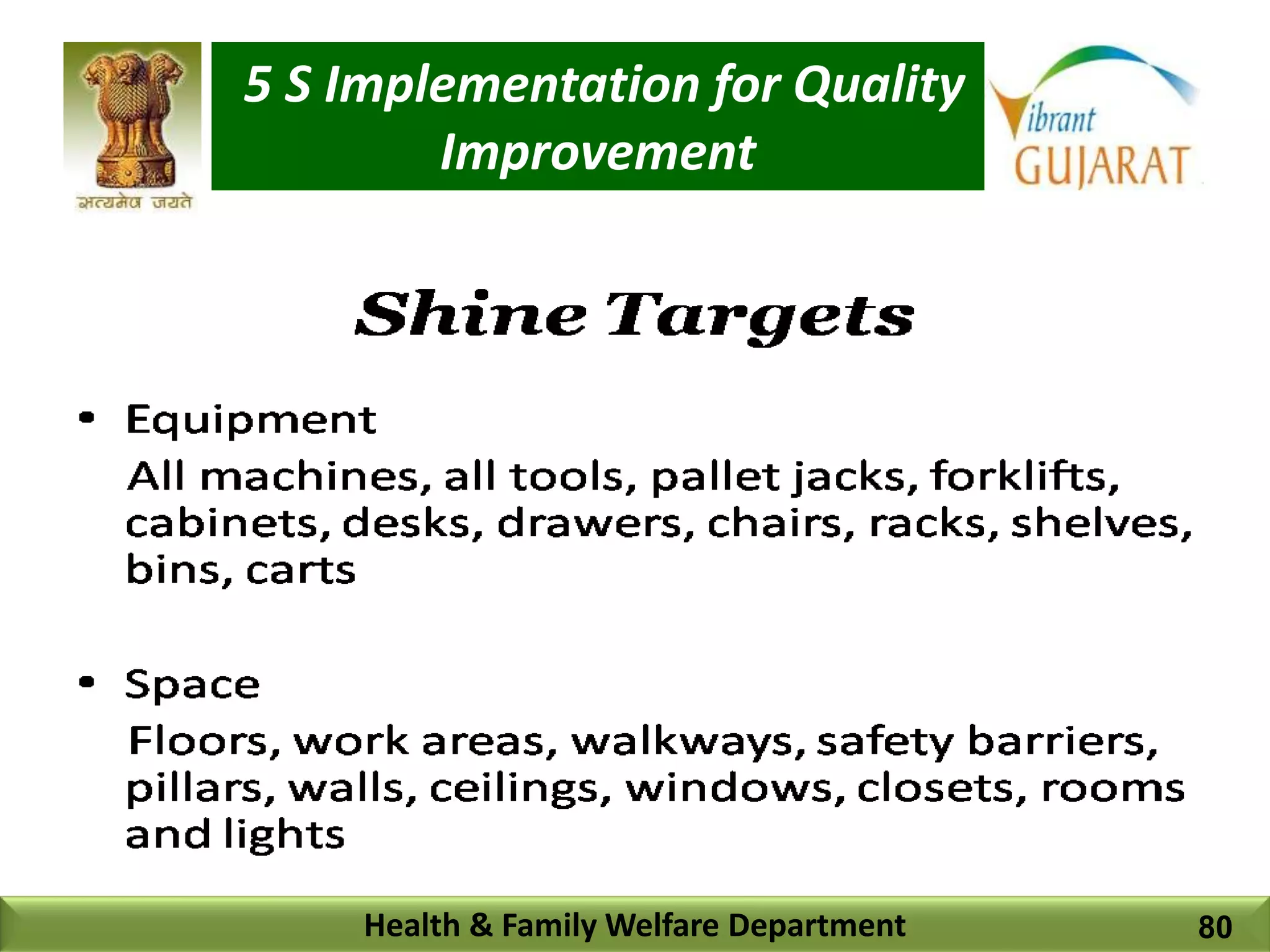 5 S Implementation for Quality
Improvement
Health & Family Welfare Department 80
 