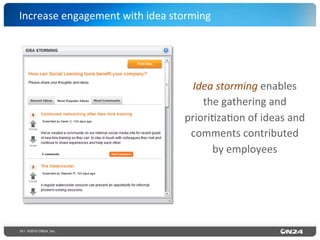 19 | ©2015 ON24, Inc.
Increase	
  engagement	
  with	
  idea	
  storming	
  
Idea	
  storming	
  enables	
  
the	
  gathering	
  and	
  
priori?za?on	
  of	
  ideas	
  and	
  
comments	
  contributed	
  
by	
  employees	
  
 