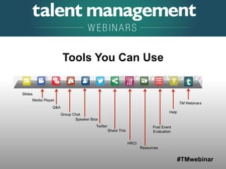 #TMwebinar
Speaker Bios
Resources
Media Player
Q&A
Slides
Twitter
Help
Post Event
EvaluationShare This
Group Chat
HRCI
TM Webinars
Tools You Can Use	
  
 