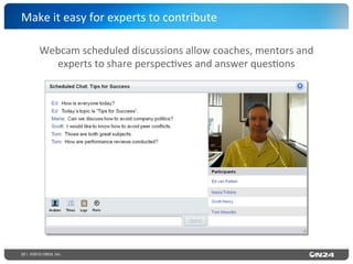 32 | ©2015 ON24, Inc.
Make	
  it	
  easy	
  for	
  experts	
  to	
  contribute	
  
Webcam	
  scheduled	
  discussions	
  allow	
  coaches,	
  mentors	
  and	
  
experts	
  to	
  share	
  perspec?ves	
  and	
  answer	
  ques?ons	
  
 