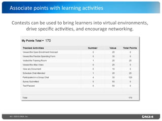 46 | ©2015 ON24, Inc.
Associate	
  points	
  with	
  learning	
  ac?vi?es	
  
Contests	
  can	
  be	
  used	
  to	
  bring	
  learners	
  into	
  virtual	
  environments,	
  
drive	
  speciﬁc	
  ac?vi?es,	
  and	
  encourage	
  networking.	
  
 
