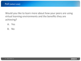 71 | ©2015 ON24, Inc.
Would	
  you	
  like	
  to	
  learn	
  more	
  about	
  how	
  your	
  peers	
  are	
  using	
  
virtual	
  learning	
  environments	
  and	
  the	
  beneﬁts	
  they	
  are	
  
achieving?	
  	
  
A.  Yes	
  
B.  No	
  
	
  
Poll	
  (select	
  one)	
  	
  
 