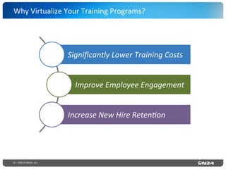 8 | ©2015 ON24, Inc.
Why	
  Virtualize	
  Your	
  Training	
  Programs?	
  
Signiﬁcantly	
  Lower	
  Training	
  Costs	
  
Improve	
  Employee	
  Engagement	
  
Increase	
  New	
  Hire	
  Reten?on	
  
 