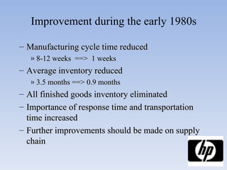   Improvement during the early 1980s Manufacturing cycle time reduced 8-12 weeks  ==>  1 weeks Average inventory reduced 3.5 months ==> 0.9 months All finished goods inventory eliminated Importance of response time and transportation time increased Further improvements should be made on supply chain 