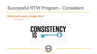 Successful RTW Program - Consistent
Enforced every single time*
*99% of the time…
 