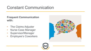 Constant Communication
Frequent Communication
with:
• The Claims Adjuster
• Nurse Case Manager
• Supervisor/Manager
• Employee’s Coworkers
 