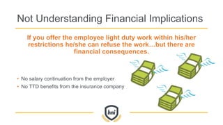 Not Understanding Financial Implications
If you offer the employee light duty work within his/her
restrictions he/she can refuse the work…but there are
financial consequences.
• No salary continuation from the employer
• No TTD benefits from the insurance company
 