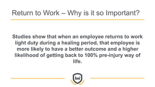Return to Work – Why is it so Important?
Studies show that when an employee returns to work
light duty during a healing period, that employee is
more likely to have a better outcome and a higher
likelihood of getting back to 100% pre-injury way of
life.
 