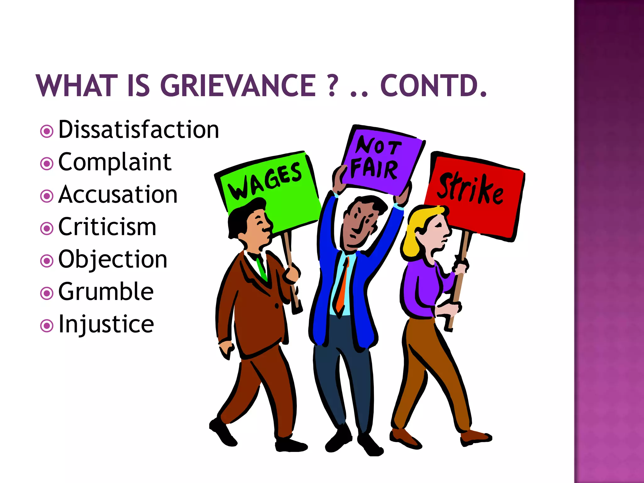  Dissatisfaction
 Complaint
 Accusation
 Criticism
 Objection
 Grumble
 Injustice
 